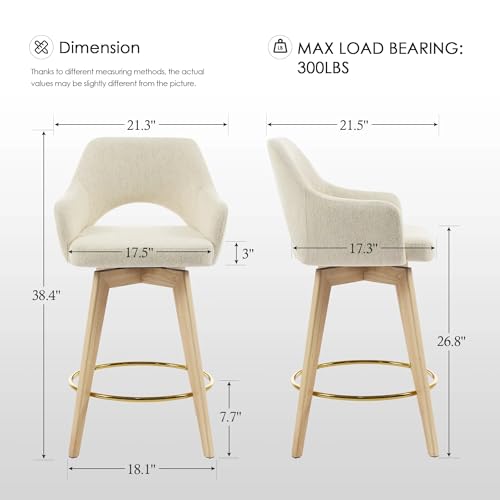 Image of Zesthouse Swivel Bar Stools Set of 4, Wooden Counter Height Bar Stools with Arm & Back, Upholstered Linen Fabric Barstools with Solid Wood Legs & Gold Metal Ring, High Chairs for Kitchen Island, Beige