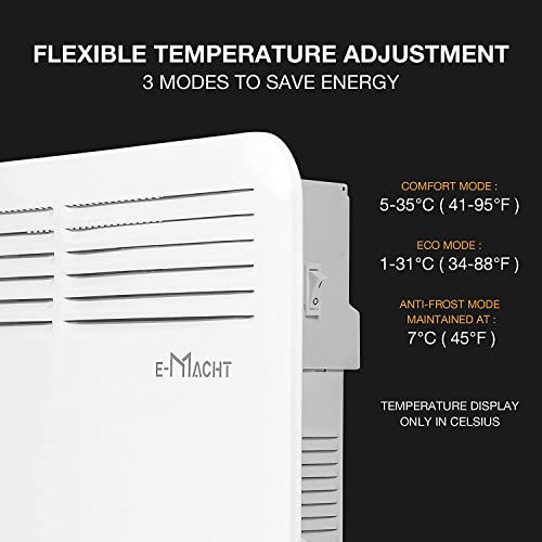 E-Macht Electric Heater For Indoor Use, 1500W Wall Heater With Adjustable Thermostat, Portable Convection Heater For Bedroom, Bathroom, Energy Efficient, Led Digital Display #TOP4