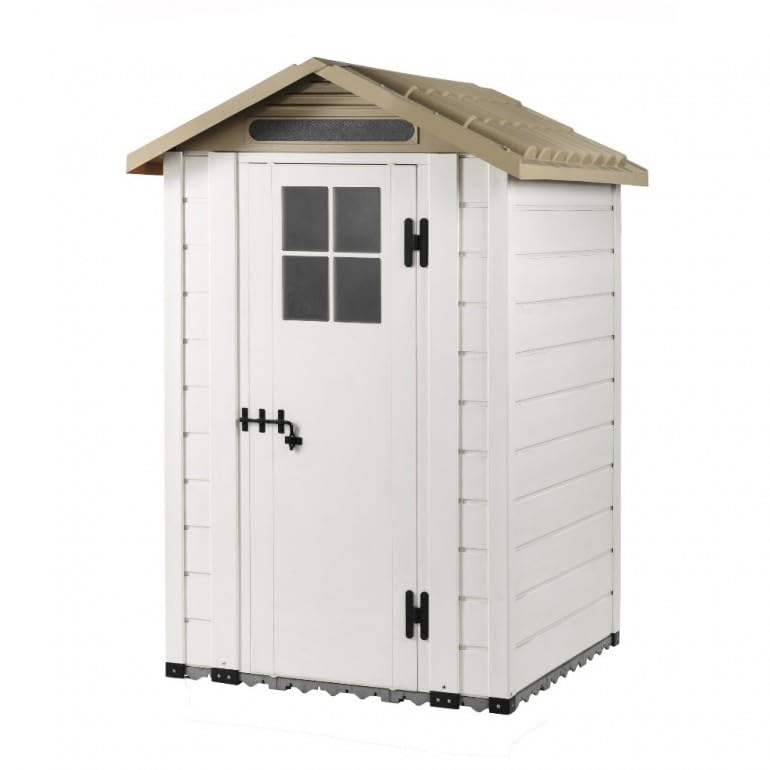 Gartenhaus aus Harz Tuscany Evo 120 mit 1 zentralen Tür, inklusive Bodenbelag, Farbe Beige, 137 x 144 x 214 cm
