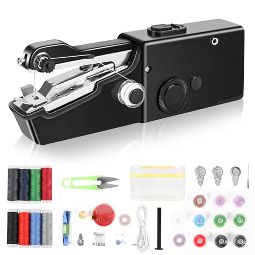 Weinsamkeit Máquina de Coser Portátil, 45 Piezas Mini Máquina de Coser Portátil con Botones, Tijeras, Reglas, Bobinas, Fácil de Usar para Principiantes y Costura Rápida, Negro