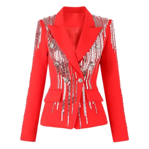 Women Double Breasted Full Sleeve Blazer Ladies Red Sequin Nail Bead Slim Suit Jacket
