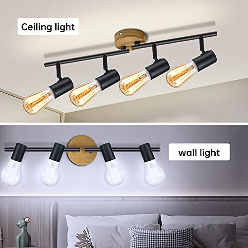Ketom Plafonnier 4 Spots Orientables E27 Spots de Plafond Rotatif à 350° et Réglable à 90° Intérieur Lampe Murale en Bois Noir Plafond Spot Vintage pour Bureau Salon Hôtel Max 50W (Sans Ampoules) - Image 6