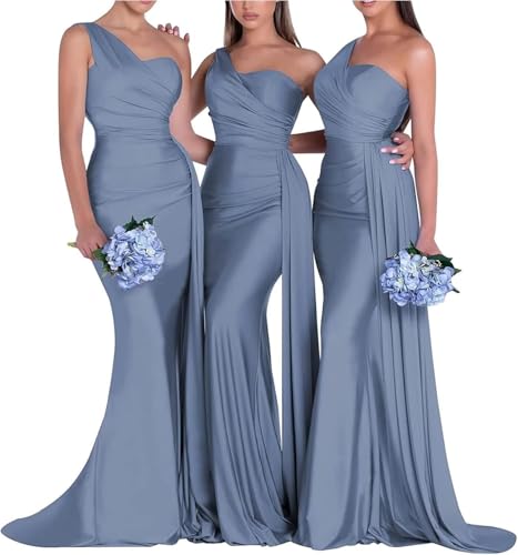 MRLYOUTH Mermaid Satin One Shoulder Bridesmaid Dress Dusty Blue CM