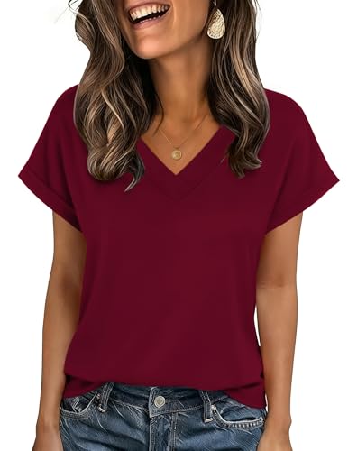 Zeagoo T-shirt pour femme - Col en V - Manches courtes - Élégant - Décontracté - Couleur unie - Tailles S à 2XL, Bordeaux, XXL