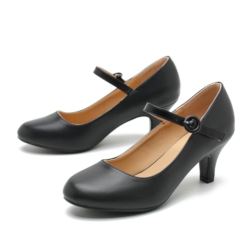 Image of Women's Vintage Mary Jane Shoes Dress Comfortable Low Kitten Heels Ankle Strap Closed Round Toe Office Work Wedding Pumps