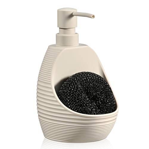 zuxzmj Kitchen Soap Dispenser with Sponge Holder – Beige 2-in-1 Pump Dispenser for Dish & Hand Soap at Sink
