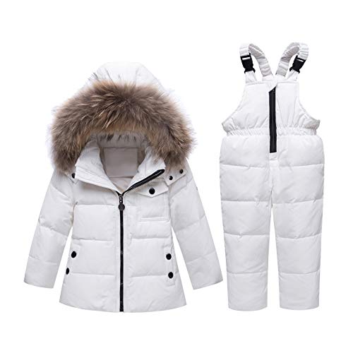 amropi Combinaison de Ski Bébé Filles Veste de Duvet à Capuche et Pantalons de Neige 2 Pièces Hiver Ensemble de Ski Blanc,5-6 Ans