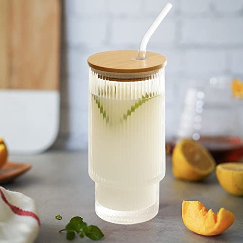 Cayorepo 4 Pcs Set 16Oz Ribbed Drinking Glasses With Bamboo Lids And Straws, Ribbed Glass Cups, Stackable Glasses, Vintage Water Glasses For Juice, Beer, Coffee, Tea And Cocktail (Clear(4Pcs)) #TOP2