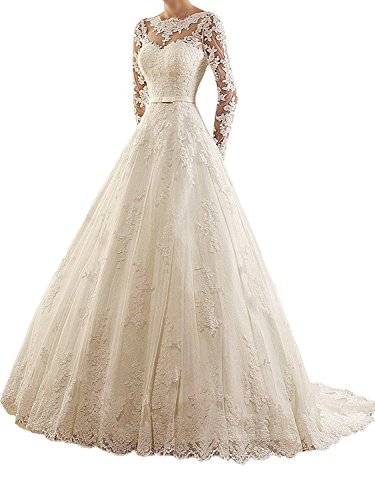 Preisvergleich Produktbild Brautkleid Damen Hochzeitskleider Lang Prinzessin Spitzenkleid Langarm A-Linie Elfenbein EUR48