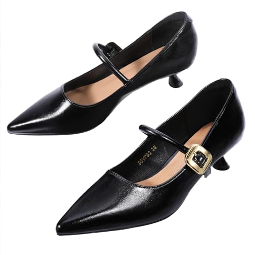 Zelaprox Women Vintage Pointed Toe Slip On Pumps Shoes Mary Jane Closed Toe Low Kitten Heel Shoes Buckle Strap for Bridal Guest Dress Prom
