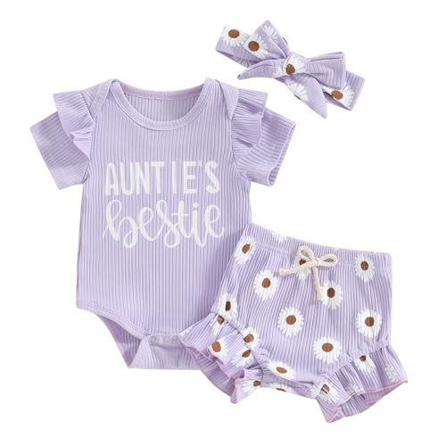 Onfmst Aunties Bestie Clothes Girl Newborn 0 3 6 12 18 Months Summer Outfit Fly Sleeeve Romper Daisy Shorts Headband Set (Purple Aunties 0-3 Months)