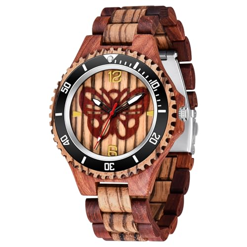 Montre à quartz pour homme bois rouge bracelet réglable cadran noir