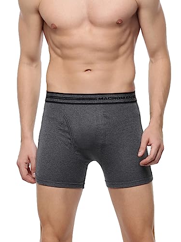 Image of Macroman Valentino Classic Designer Trunks for Men, Premium Compact Cotton Rib Stretch Trunk Underwear with Anti-Microbial Finish, Black Melange, S, Pack of 1