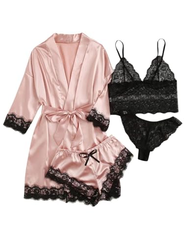 Women Lingerie Sleepwear Satin Pajamas Set 4pcs Lace Cami Nightgown with Robe