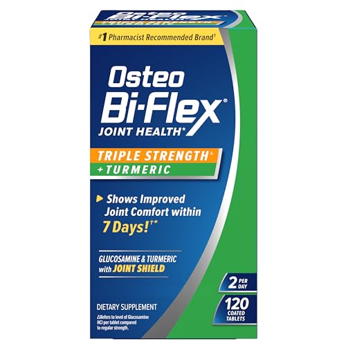 Osteo Bi-Flex Glucosamine Triple Strength Plus Turmeric Supplement with Curcumin for Joint Support and Range of Motion, 60 Day Supply, 120 Coated Tablets, Joint Health Nutritional Supplements
