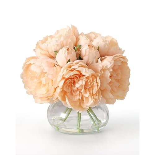 Artificial Peonies Flowers with Vase, Mixed Champagne Silk Peony Bouquet with Faux Water in Glass Vase, Lifelike Fake Peonies Floral Arrangement for T