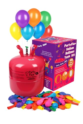 Party Flex Helium Tank for Balloons – 22L Disposable Helium Balloon Tank Kit Fills Up to 100 Balloons – Includes 50 Balloons & Ribbon – Portable Helium Tank for Birthday, Wedding & Party Decorations