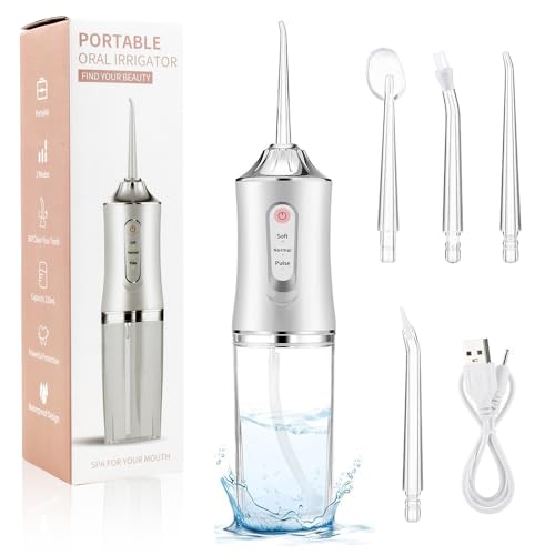 ADDLIVE Irrigador Bucal Portatil,Irrigadores Dentales, Irrigador Bucal Portatil Inalámbrico Profesional 3 Boquillas 4 Modos, IPX7 Impermeable 220ML, Para Hogar y Viajes (Blanco)