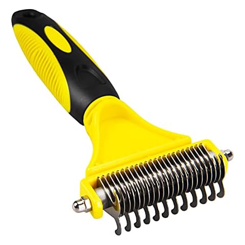 Pet Dematting Comb, 2 Sided Undercoat Rake (12+23 Teeth) Grooming Tool for Cats & Dogs - Ergonomic Dematting Comb for Mats and Tangles Removing Safely With Rounded End Blades and Extra Wide Head Cover