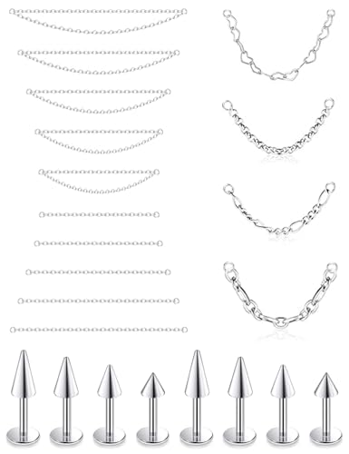 Kadogohno 20g Chain Across Nose Rings Nostril Stud Medusa Lip Ashley Labret Flat Back Tragus Helix Cartilage Conch Earrings Surgical Steel Piercing Jewelry for Women Men