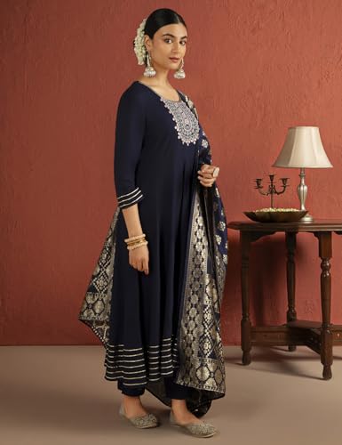 Image of Kaari Women's Embroidered Kurta Set with Dupatta - Festive Kurta Set for Women Polyester Blend