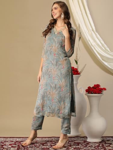 Image of GoSriKi Women's Cotton Blend Straight Printed Kurta with Pant (Feni Grey-NW-GS