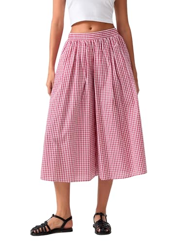 Image of Felcia Women's Y2k Plaid Capri Culottes Elastic Waistband Wide Leg Loose Casual Pull On Trousers with Side Pocket (A-Red, XL)