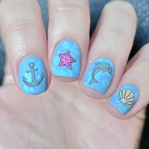 IMSOHOT Press on Nails Short Square Fake Nails Matte Blue False Nails with Starfish & Dolphins Designs Full Cover Glue on Nails Cute Summer Acrylic Artificial Nail Supplies for Women 24Pcs