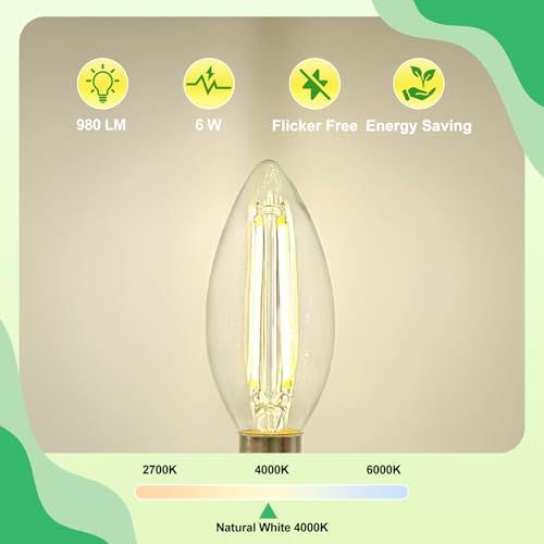 Lumlog E14 LED Light Bulb Natural White 4000K, C Energy Class, 6W (40w Equivalent), 980 Lumen E14 C35 Small Edison Screw Bulbs, Non-Dimmable, 6-Pack [Energy Class C] - Image 2