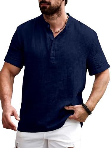 Image of Men Shirt | Black Textured Cotton Blend | Regular Fit Casual Shirt | Half Short Sleeve | Mandarin Chinese Collar | Button Down | Summer Office Wear | Stylish Shirt for Men