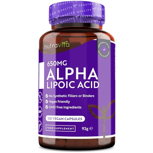 Price comparison product image Alpha Lipoic Acid 650mg 120 High Strength ALA Vegan Friendly Capsules 4 Month Supply Alpha-Lipoic Acid No Synthetic Binders or Fillers Made in The UK by Nutravita