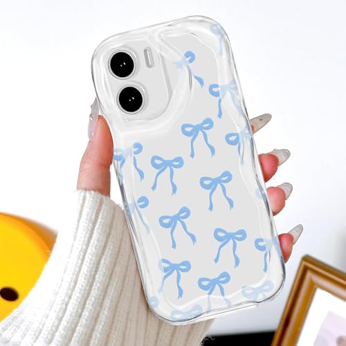BEENTRYS Bow Case for Motorola Moto G05 / E15 Cover,Cute Curly Wave Frame Clear Ribbon Design Bumper Women Girl Aesthetic Soft Transparent TPU Shockproof Protective Phone Case-Blue