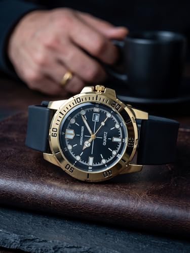 Image of AMERICANVIBER Analog Men's Watch with Date Function | 4D Glass | Stylish Golden Dial | Formal & Smooth | Black Silicone Adjustable Strap