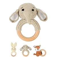 OFFCUP Baby Rattle, Wooden Crochet Animals Baby Soft Rattle Sensory Toys, Handmade Toddle Rattle Grasping Toy for Toddler 0 3 6 9 12 Month Infant Boys Girls Gift (Elephant)