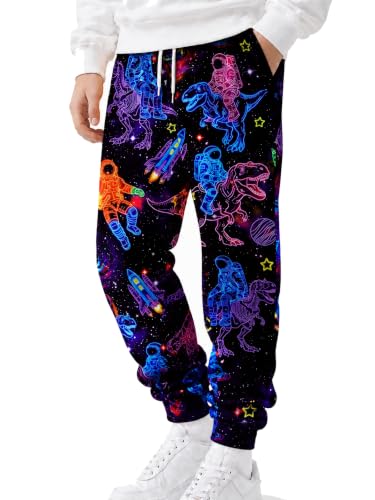 Idgreatim Boys Jogger Pants Size 8-9 Neon Astronaut Sweatpants with Pockets | Lightweight soft pants with neon astronaut dinosaur, adjustable waist and pockets for school, sports and outdoor activities