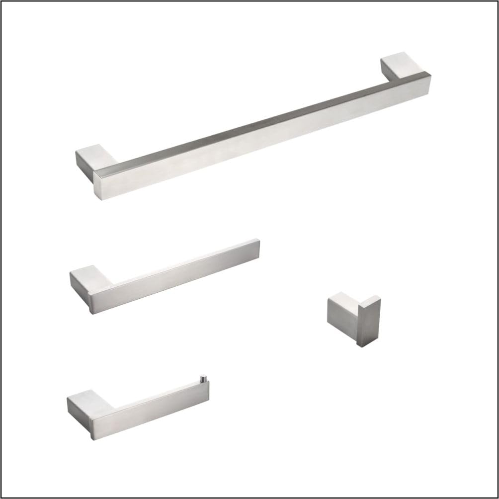 Kit de accesorios de baño - 4 piezas en acero circulante 304 - Diseño moderno con fijación invisible - Acero cepillado -