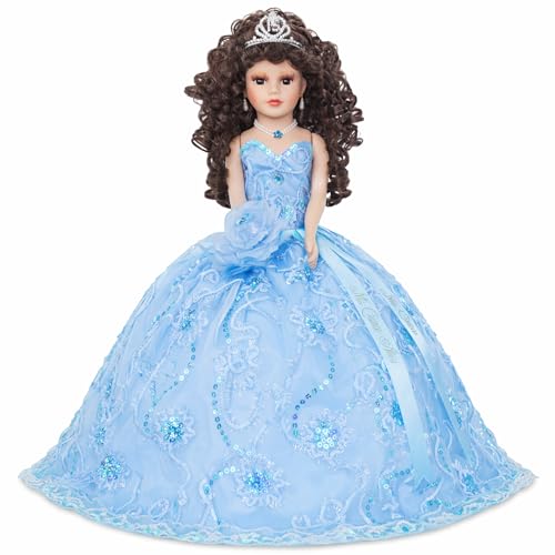 18” Quinceañera Last Doll with Umbrella Dress Stand – Última Muñeca Mis Quince Años Keepsake, Traditional Hispanic Mis 15 Doll, Ceremony & Table Centerpiece, Fully Accessorized KK18725-4 (Baby Blue)