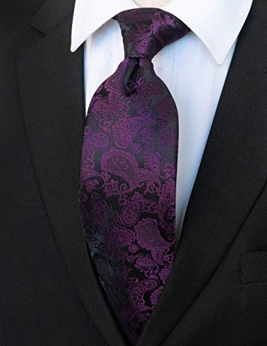 JEMYGINS Purple Paisley Tie Wedding Business Silk Necktie and Pocket Square, Hankerchief with Tie Clip Sets for Men(3)