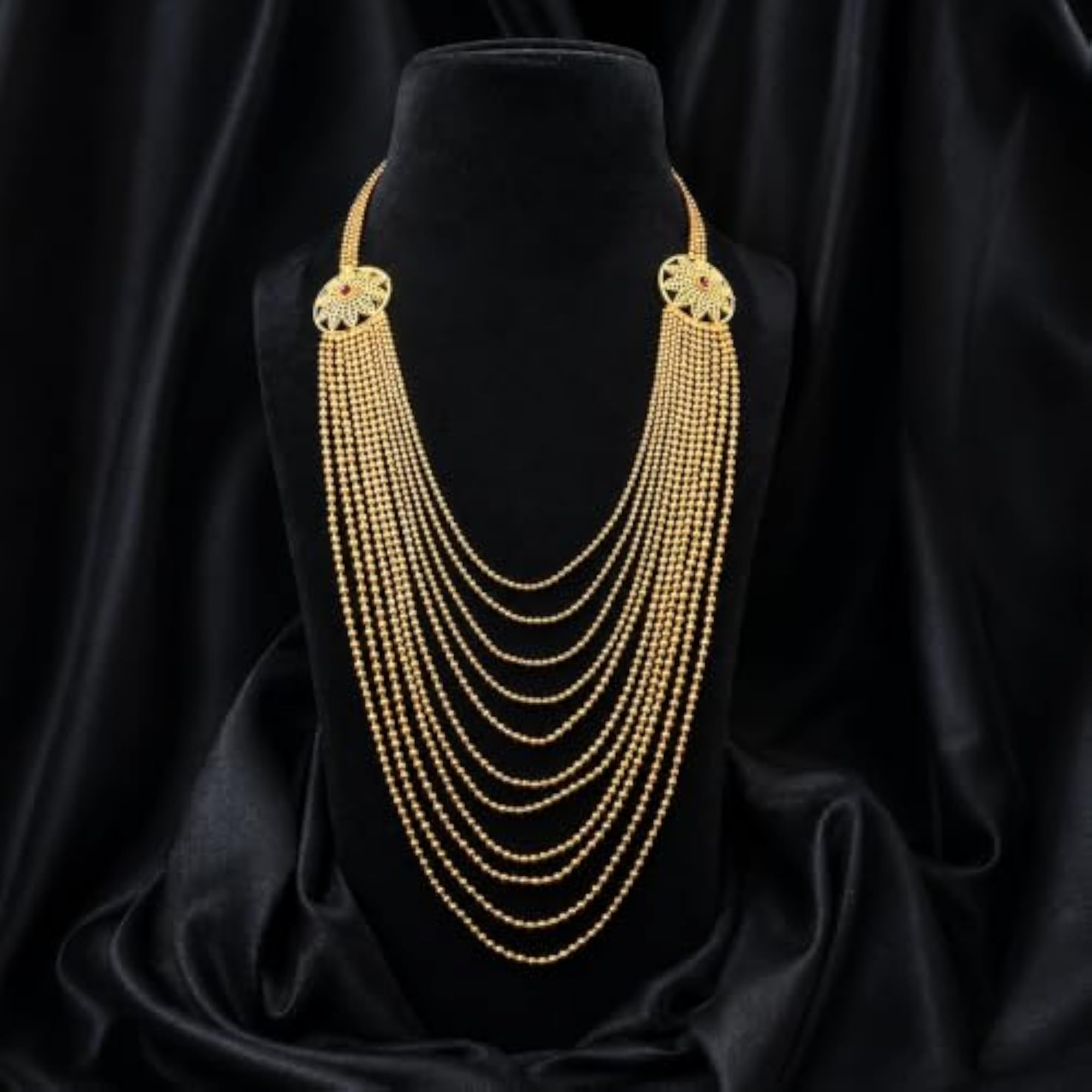 Trending Finish Multi-Layer Beaded Long Necklace with Red Stone Stud