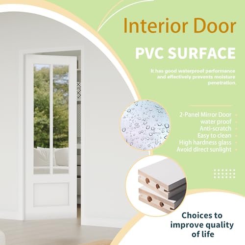Image of Pantry Door, 30 inchx 80 inch, 2-Panel Mirror Interior Door, French Doors for Wardrobe & Bedroom, Single Pantry Door Slab, MDF, White Primed