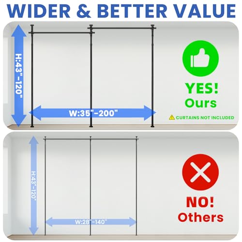 Image of Room Divider No Drill Tension Curtain Rods Wall Divider for Room Separation (W) 35-200inx(H) 43-120in Adjustable, Heavy Duty Partition Space Separator Freestanding Tension Curtain Stand, Black