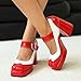 Bviennic Women Mary Jane Shoes Block High Heel with Platform Fashion Square Toe Buckle Brogue Shoes 1110 Red Size 8 US/40