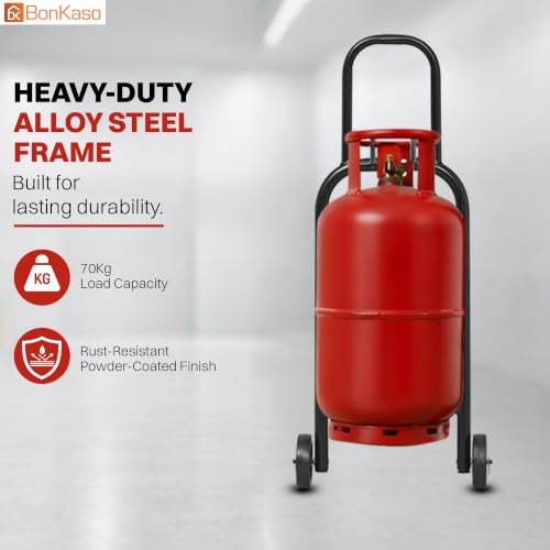 Image of Bonkaso Gas Cylinder Trolley with Handle, Heavy-Duty Alloy Steel LPG Cylinder Hand Truck, 70 kg Load Capacity, 2 Fixed 100 mm PP Wheels, Powder-Coated Black for Home Kitchen Commercial Use