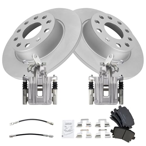 Image of TRQ Rear Brake Pad and Rotor Set Semi Metallic Coated Rotors Calipers Compatible with 2010 Audi A3 A3 Quattro Volkswagen Golf Jetta 2011 GTI