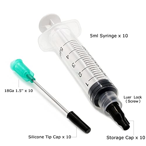 BSTEAN 5ml Syringes 18Ga 1.5 Inch Blunt Tip Needle Storage Caps - Glue Applicator, Oil Dispensing (Pack of 10)