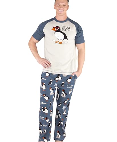 LazyOne 男性用パジャマセット、半袖コットンパジャマシャツとパンツ、面白いアニマルプリント、男性用快適なパジャマ, スタッドパフィンパジャマセット, X-Large（Amazon）