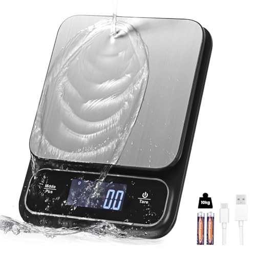 Cexovo Báscula de Cocina Digitales Impermeable,Alta Precisión 0.1g10KG Capacidad,Bascula Precision,Plataforma Acero Inoxidable,Pantalla Digital Retroiluminada,Carga USB Recargable para Cocinar,Hornear