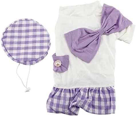 Dog Dress Pet Vintage Pearl Plaid Bow Suit Dog Tutu with Adjustable Hat Dog Clothes for Small Dogs Girl Dog Princess Costume