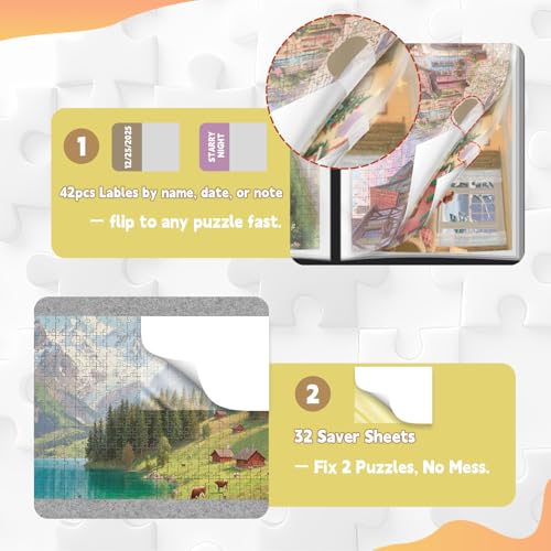 Puzzle Storage for 1000pcs with Central Mesh Window,Puzzle Holder with 5 Set Puzzles Stickers,Labeling Tabs and DlY Name Card Pocket,28.3 * 21in(Inner Page Size) by Doerpuz - Image 4