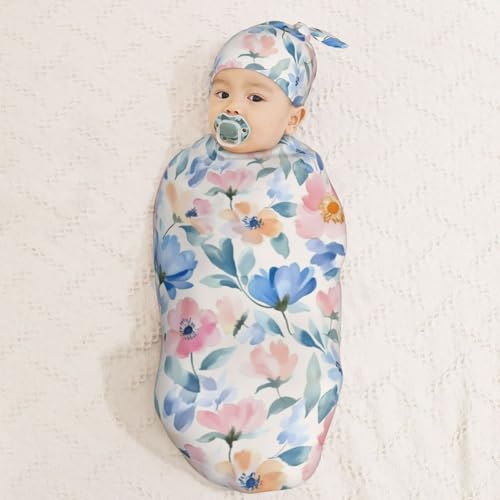 Image of Spring Watercolor Floral Swaddle Blanket with Beanie Hat Set Newborn Swaddle Wrap Soft Baby Receiving Blankets Baby Swaddle Blanket for Baby Boys and Girls